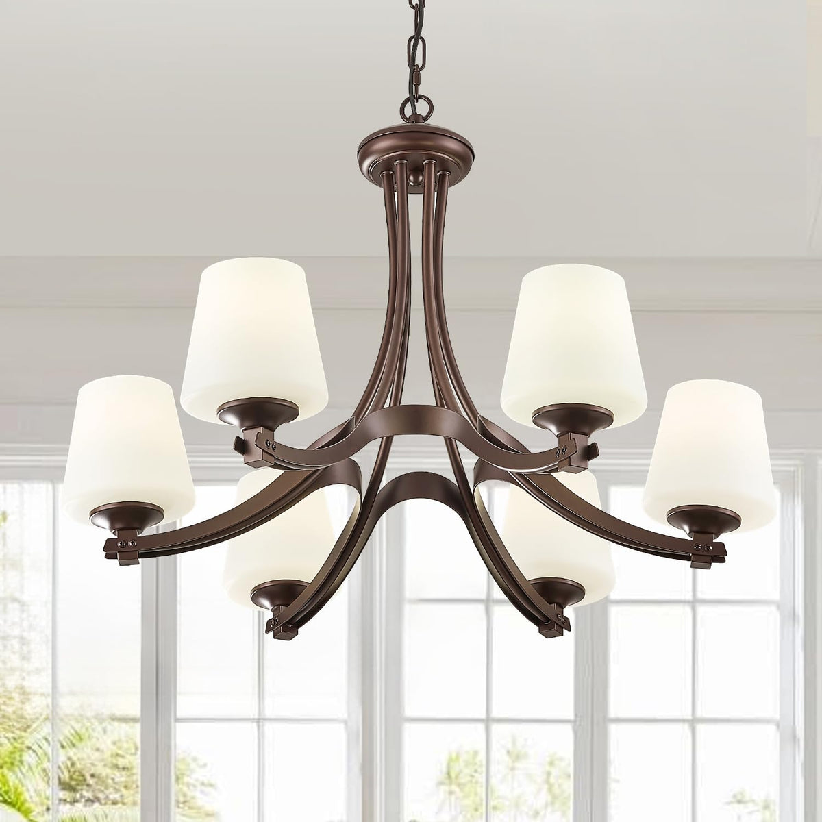 6 Light Oil Rubbed Bronze Farmhouse Chandelier Pendant Light Fixture with Frosted Glass (Oil Rubbed Bronze-E)