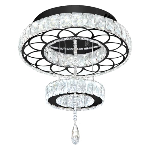 Dia 16" Black Modern Crystal Chandeliers Flush Mount Chandelier Dimmable LED Light Crystal Ceiling Light for Hallway Bedroom Living Room Dining Room (Black / W:16inches)