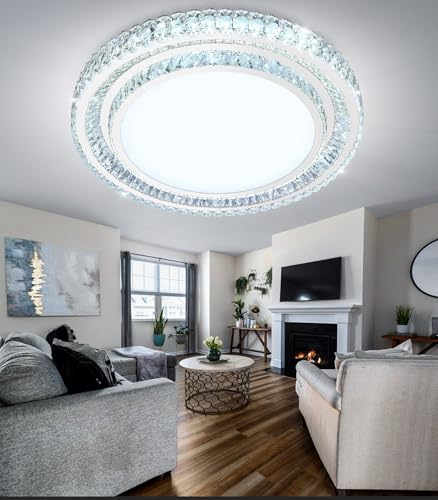 31.4" Dimmable Crystal Chandelier Modern LED Flush Mount Ceiling Light Fixtures for Living Room Bedroom Hallway Kitchen Island Staircase Silver (31.4" Silver)