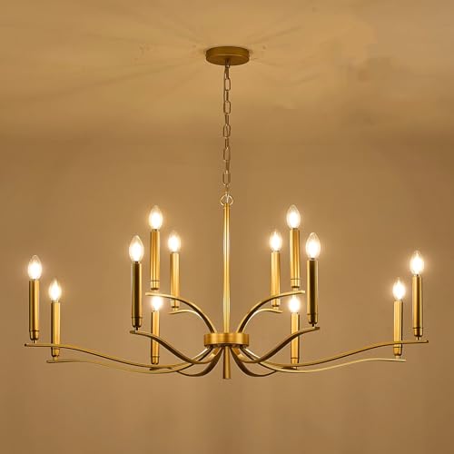 12 Light Gold Living Room Chandelier High Ceiling Foyer Candle Chandelier Large Modern Brass 44in Metal Chandeliers Hanging Light for Master Bedroom Dining Room Light Fixture Over Table (Gold / 44 inch)