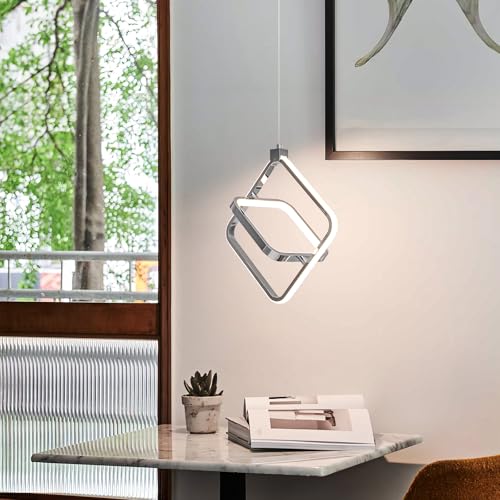 Modern LED Chandelier Chrome Rectangular Pendant Light Fixtures 4000K 20W Dimmable Height Adjustable Pendant Lighting for Dining Room Kitchen Island Bedroom Living Room Foyer(3 (Chrome / Square-3Pack)