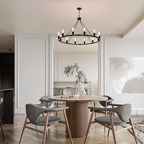 12 Light Black Wagon Wheel Chandelier (Black-12lights)