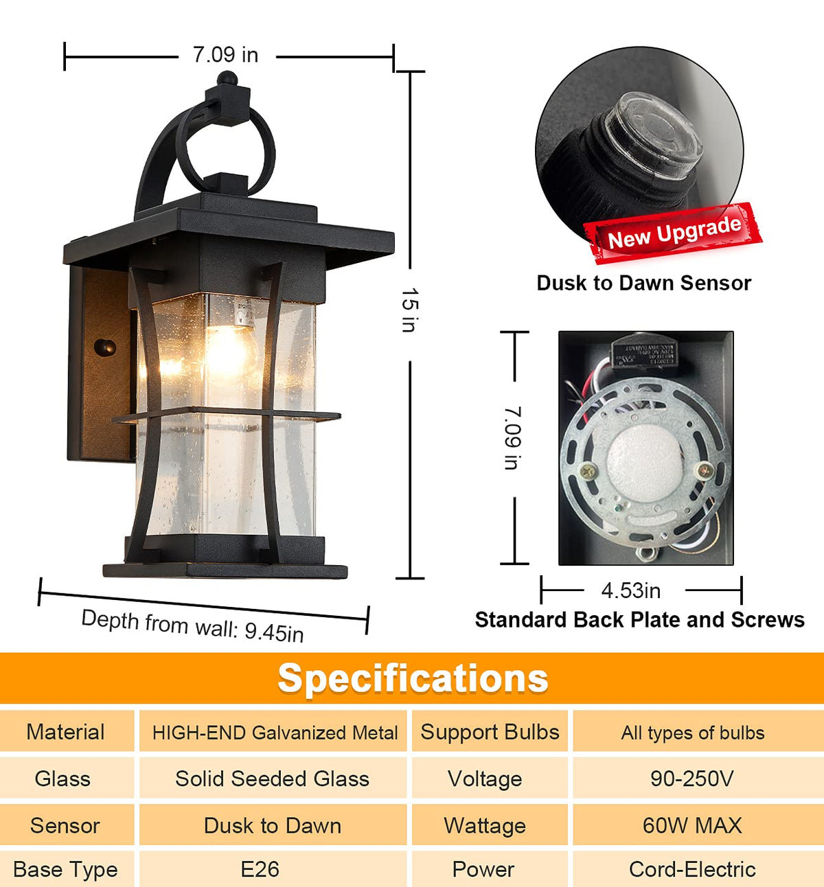 Dusk to Dawn Outdoor Wall Lantern Exterior Light Fixtures Wall Mount Porch Light with Photocell Sensor Waterproof Outside Wall Lights for House (Black / Large-D)
