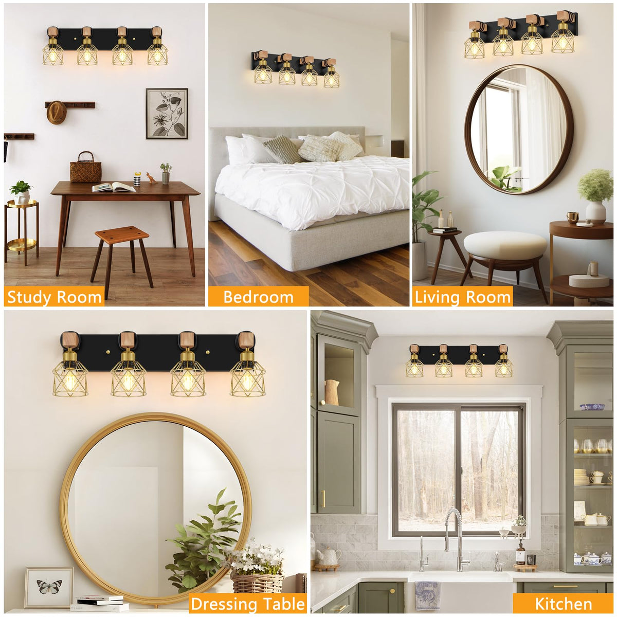 Farmhouse Bathroom Vanity Light Fixtures (Black & Gold / 4-Lights)