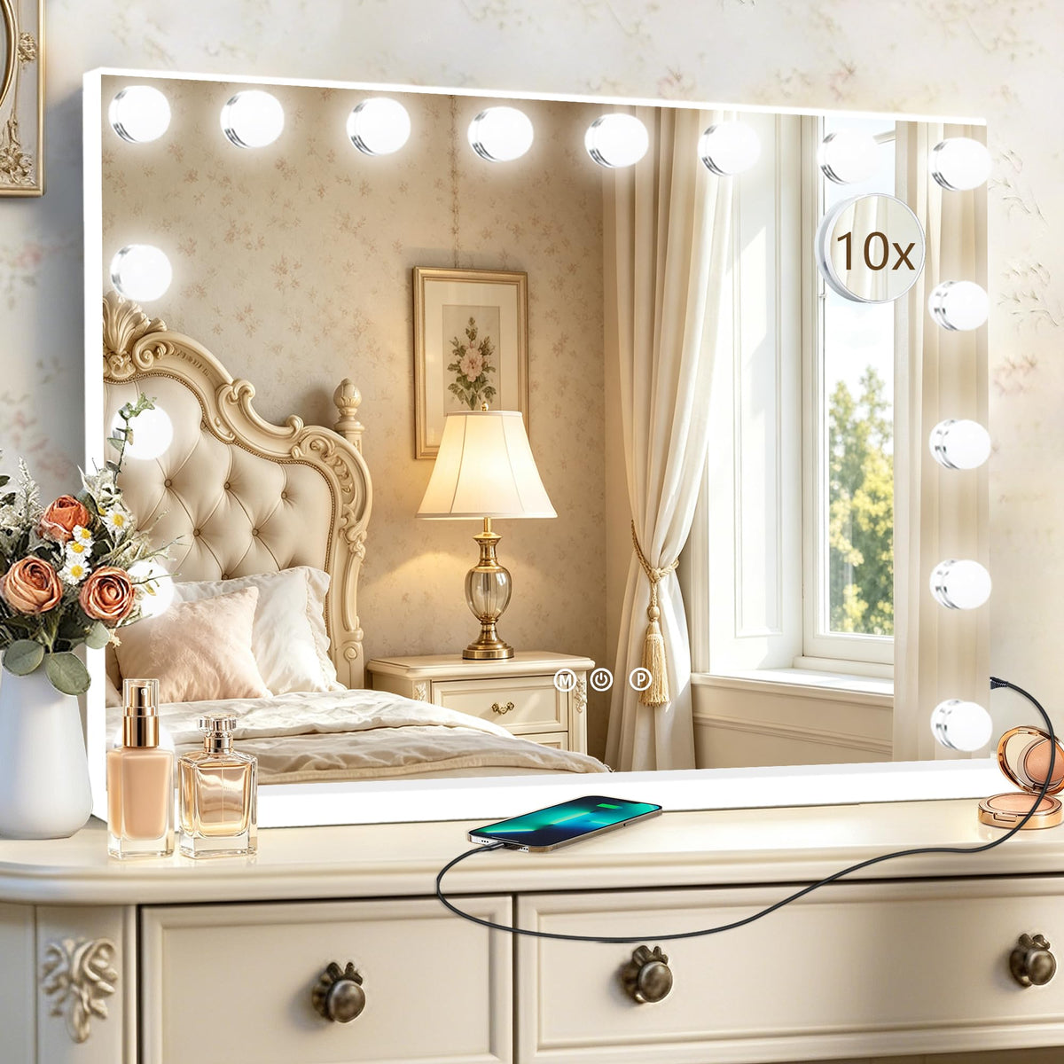 26" x 20" Hollywood Vanity Mirror with Lights (White / 26"L x 20"W)
