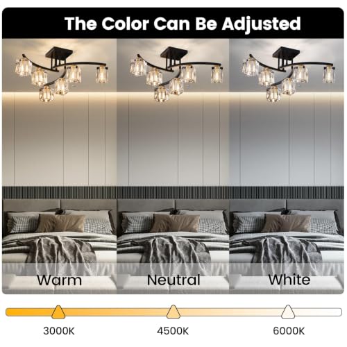 6 Lights Modern Sputnik Ceiling Light Fixture Black Crystal Semi Flush Mount Ceiling Light Farmhouse Chandeliers for Dining Room Living Room Kitchen Island Bedroom Entryway (Black / 6-Light)