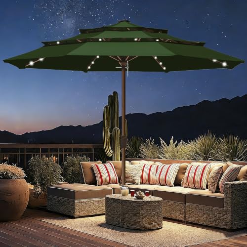 USA 10-Year-Non-Fading 10ft 3-Tier Market Patio Umbrella, Commercial Table Umbrella with 80 Solar LED Lights, Crank Open, Windproof & UPF 50+ UV Protection for Garden, Deck, Pool, Backyard, No Tilt, Fern (Fern / 10FT(Triple Vents No Tilt))
