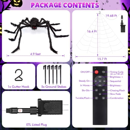 200" Halloween Decorations Spider Web Lights Outdoor +59" Fake Spider