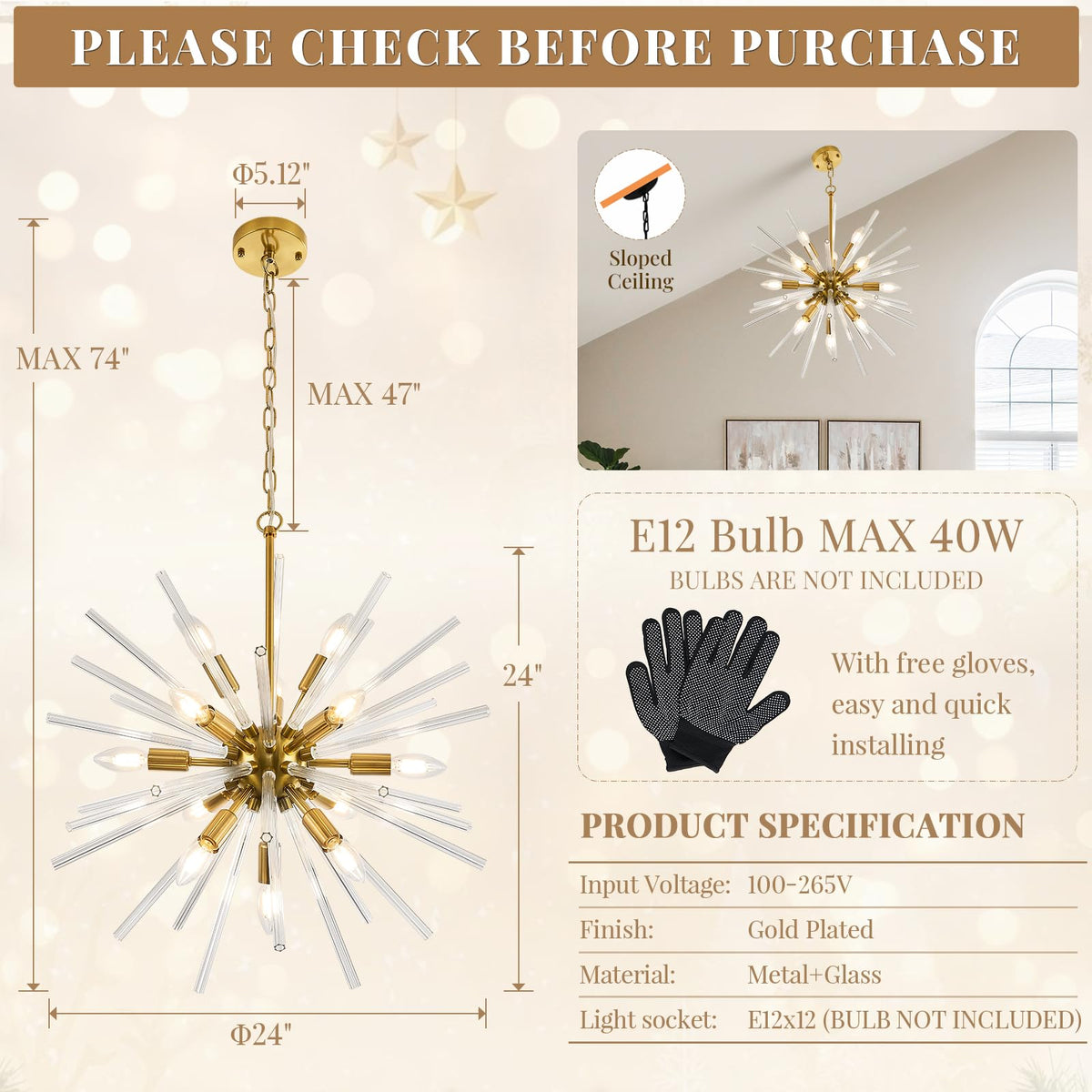Starburst Glass Chandelier for Entry Foyer Gold Crystal Chandelier 24in (Gold / Clear / 24.10 inch)