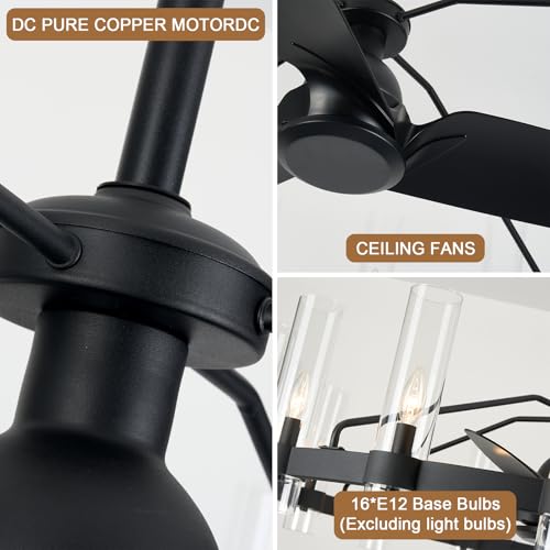 Black Ceiling Fans with 16 Lights Wagon Wheel Chandelier (Black 48"16light)