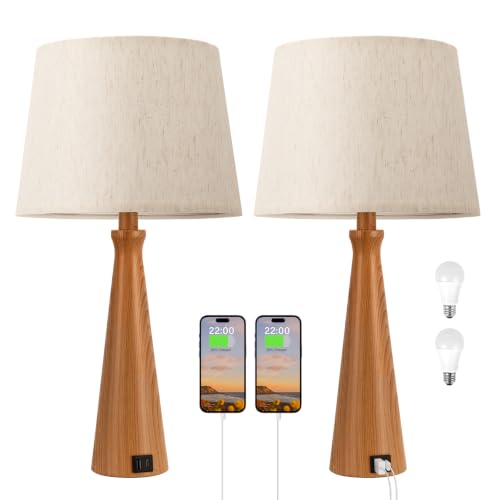 Modern Touch Table Lamps for Living Room Set of 2(Wood (K. Wood-paint Base-Oatmeal Shade)