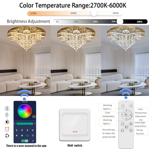 W40 Modern Crystal Chandelier for Living Room Crystal Flush Mount LED Gold Ceiling Light Fixture for Foyer Dining Room Hallway Dimmable 2700k 4500k 6000k (Gold / W:40inches)