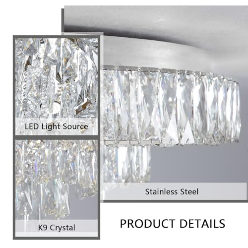 Modern Crystal Chandeliers for Dining Room LED Light Fixture Close to Ceiling Chandelier Flush Mount Ceiling Light Dimmable Lamp with Remote for Living Room Bedroom Hallway 2700K 6000K (Silver / 19.7" Width)