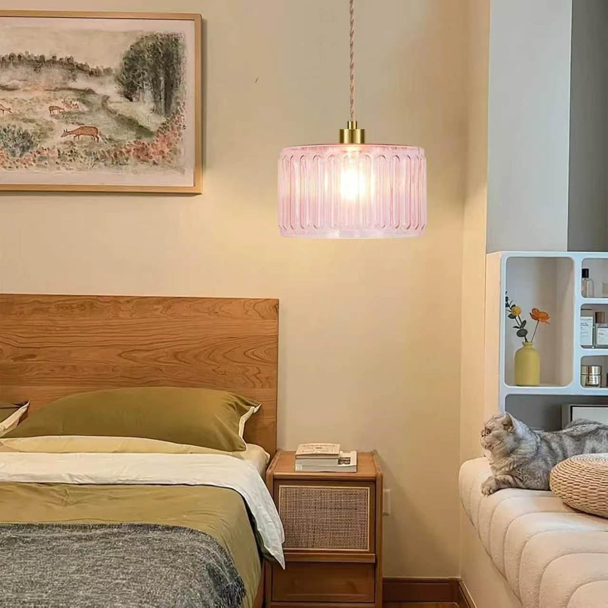 Pink Plug in Pendant Light Glass Hanging Lights with Plug in Cord Boho Hanging Lamp Gold Mid Century Modern Vintage Dimmable Flower Plug in Chandelier Ceiling Fixture for Living Room (Pendant Light-20)