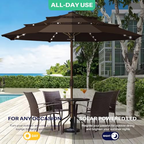 USA 10-Year-Non-Fading 10ft 3-Tier Market Patio Umbrella, Commercial Table Umbrella with 80 Solar LED Lights, Crank Open, Windproof & UPF 50+ UV Protection for Garden, Deck, Pool, Backyard, No Tilt, Chestnut (Chestnut / 10FT(Triple Vents No Tilt))