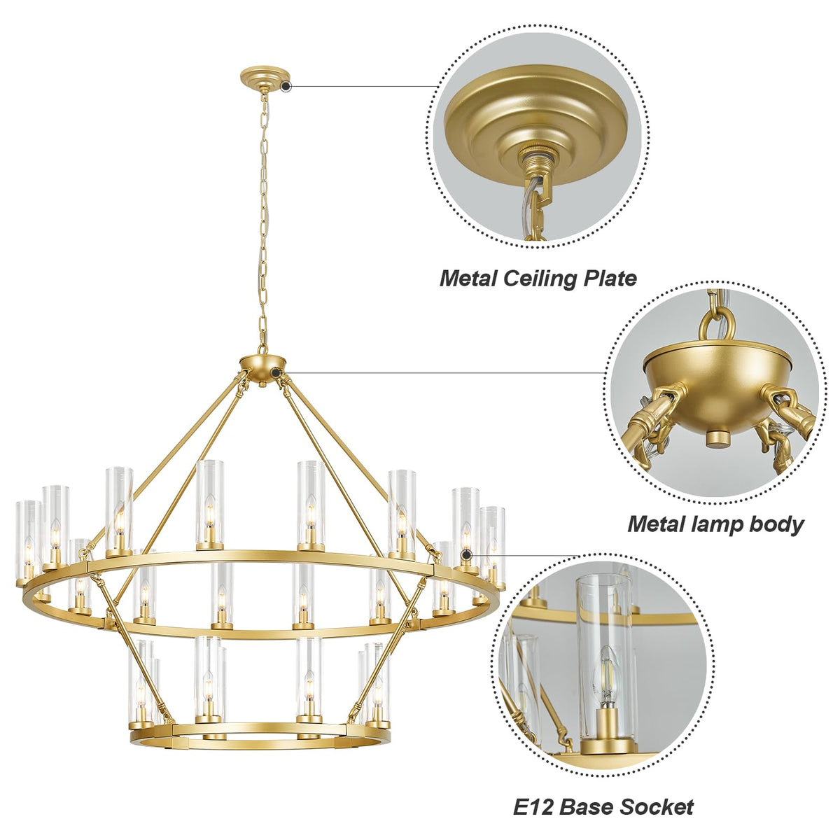 48 Inch Large Gold Wagon Wheel Chandelier with Clear Glass Shade 2 Tier 24 (Gold / 2 Tier-24 Lights)