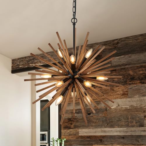 Farmhouse Sputnik Chandelier for Dining Room Rustic Handmade Natural Wood