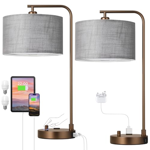 Brown Bedside Lamps Set of 2 (C-Gray Shade & Brown Base)