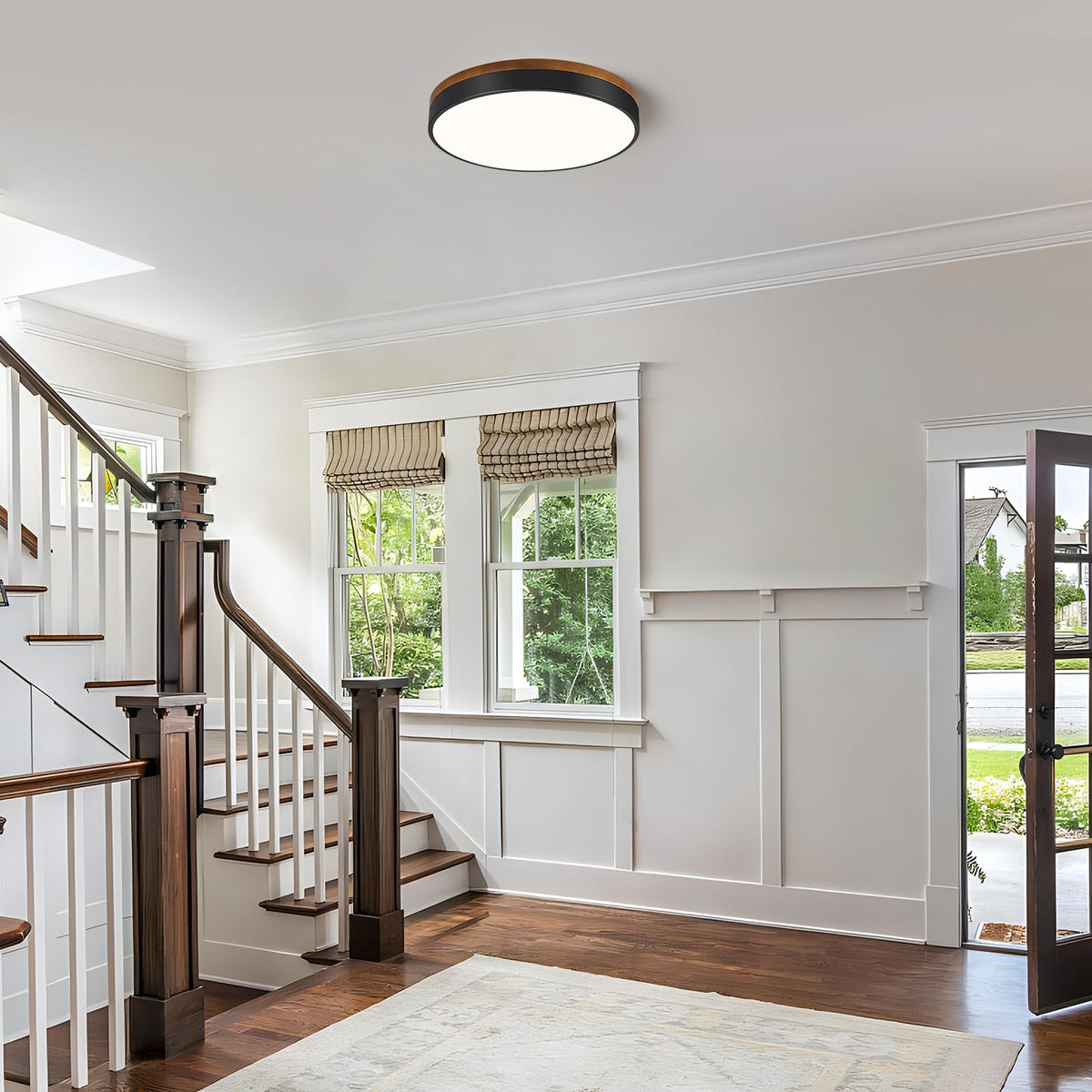 Modern Walnut Wood Black Flush Mount Ceiling Light 15.74 Inch (Walnut- Non-dimmable / 15.74 Inch)