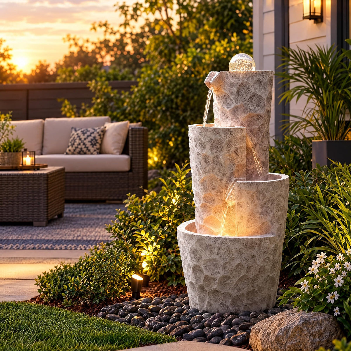 4 Tier Outdoor Water Fountain LED Crystal Ball Cascading Waterfall (White Cream 28"h)