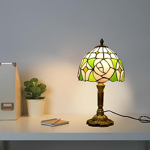 Pink Rose Style Tiffany Table Lamp Handmade Stained Glass Bedside Table Lamp Desk Reading Light 8" Wide 14" Tall for Small Space Bedroom Home Office with LED Bulb (Pink Rose)