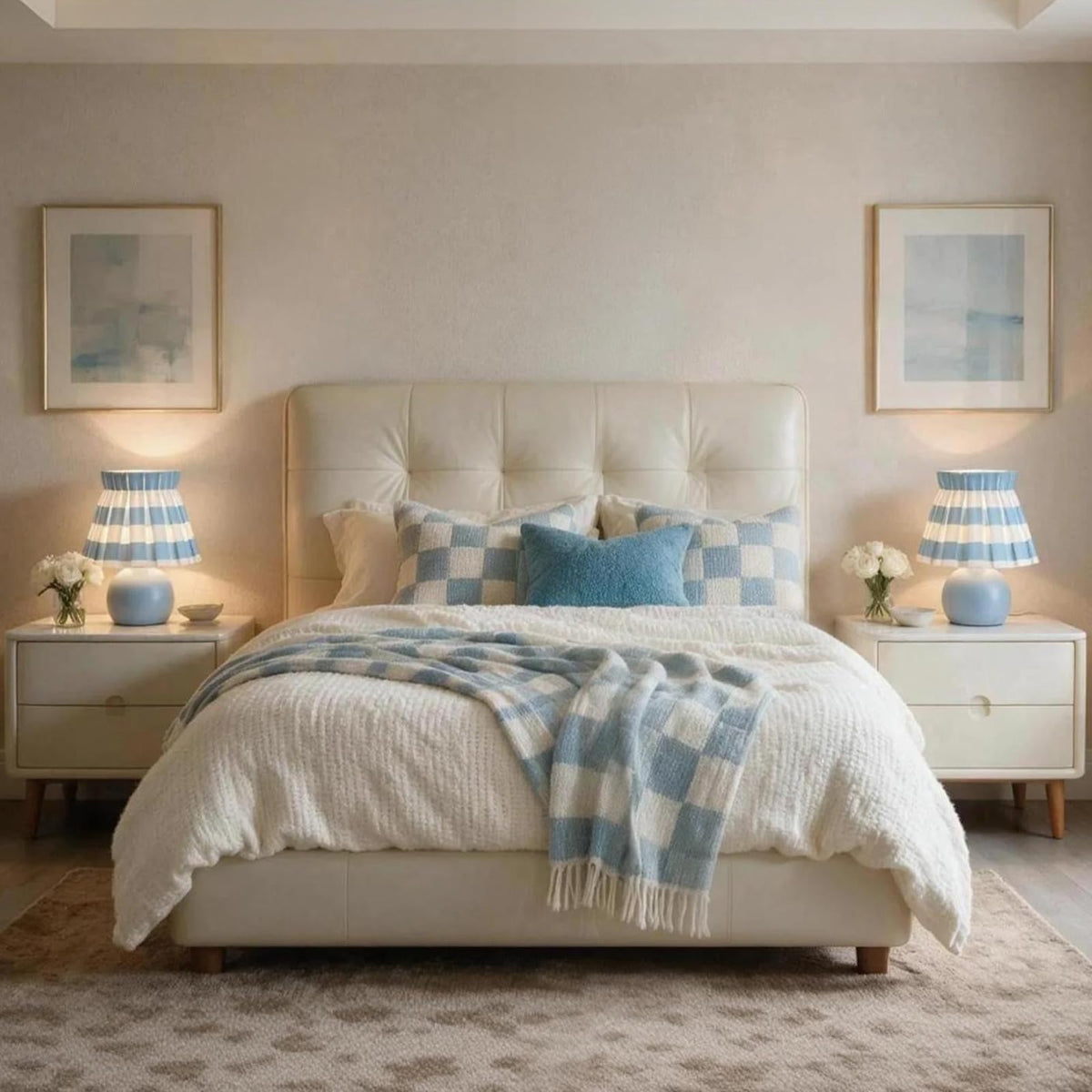 Blue White Plaid Small Bedside Table Lamp (Blue-White / On/Off Switch)