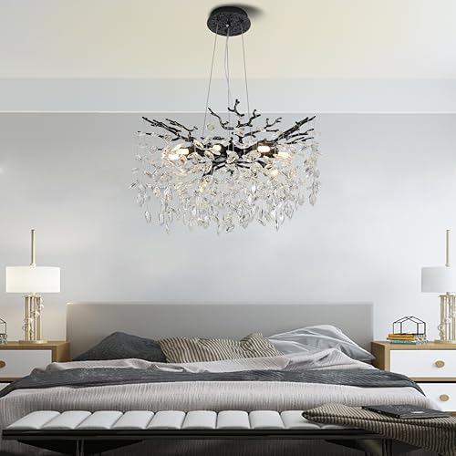 Modern Crystal Tree Branches Chandelier (Black / Round 23.5")