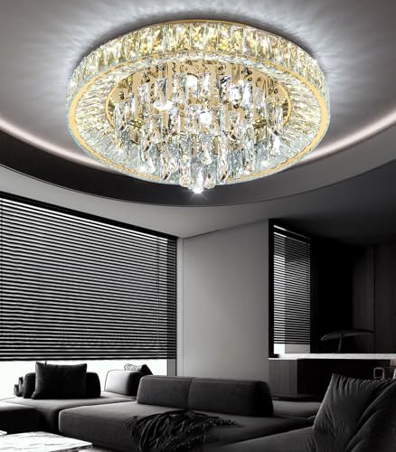 23.6" Modern Crystal Chandeliers LED Dimmable Flush Mount Ceiling Chandeliers for Living Room Entrance Foyer Bedroom Gold (Gold / 23.6" Width)