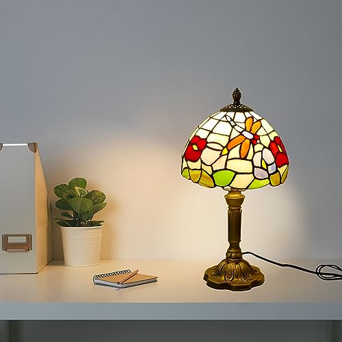 Tiffany Table Lamp Beautiful Dragonfly and Flower Style Lamp Handmade Stained Glass Desk Lamps Gifts Resin Base 14.2" Tall Vintage Reading Lamp for Office (Dragonfly Flower)
