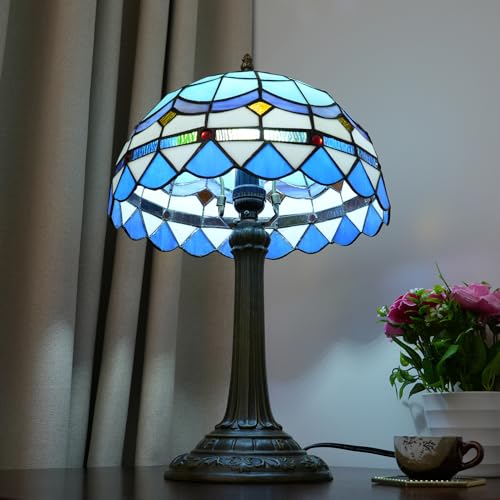 Tiffany Table Lamp Stained Glass Lamp Mediterranean Blue Bedroom Table lamp Reading Desk Light for Bedside Living Room Office Dormitory Dining Room Decorate Housewarming Gift 12X12X18 inches (Blue Mediterranean Style)