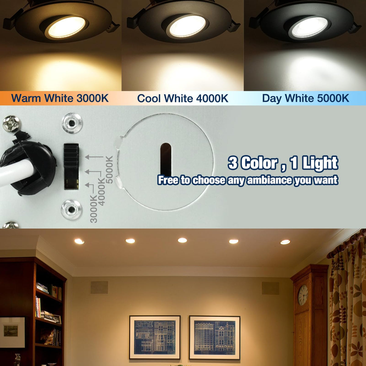 Black 1 Pack 3 Inch 3CCT Gimbal Led Recessed Light with Junction Box 10w (Black 3CCT / 3in 1pack)