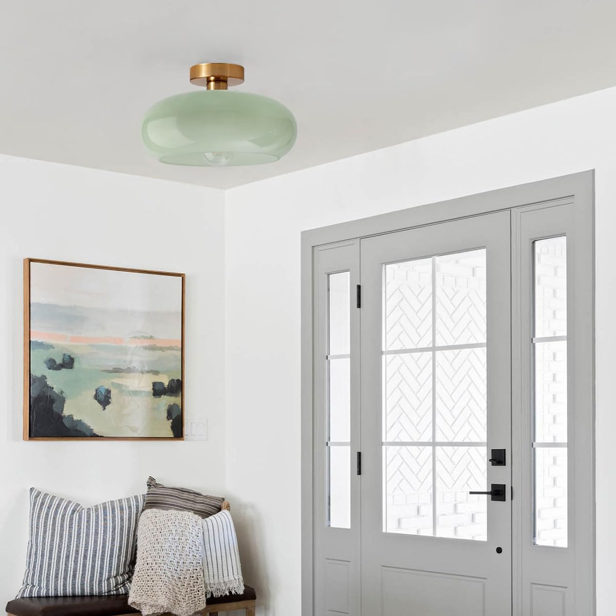 Mid Century Ceiling Light Fixture (Flush-Milk Green)