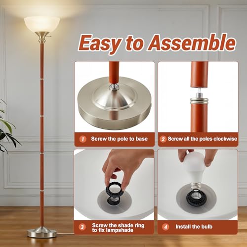 72" Wood Torchiere Floor Lamp with Glass Shade Nikel Standing Lamp (Brushed Nikel)
