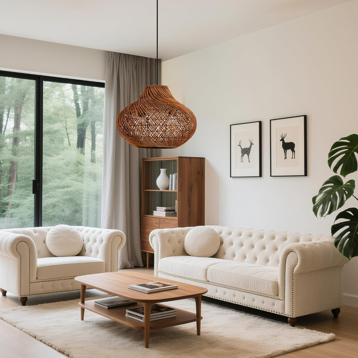 15" Rattan Pendant Light (Metal+Brown / 14.96" 2-Light)