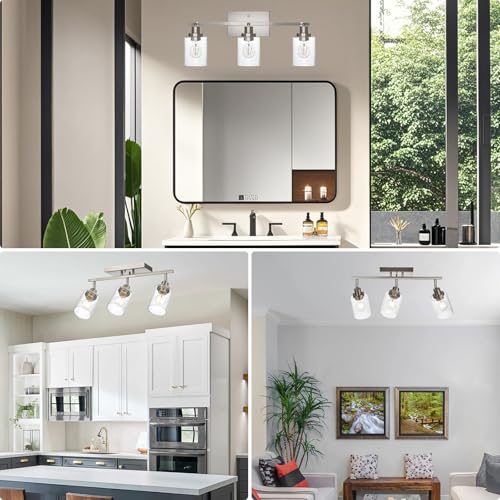 3 Light Brushed Nickel Kitchen Track Lighting Fixtures Ceiling Mount Track Lighting Kit with Bubble Seeded Glass Shade Modern Bathroom Tracking Vanity Lights Ceiling Tracking Accent Shop Light (Brushed Nickel / 3-Light)