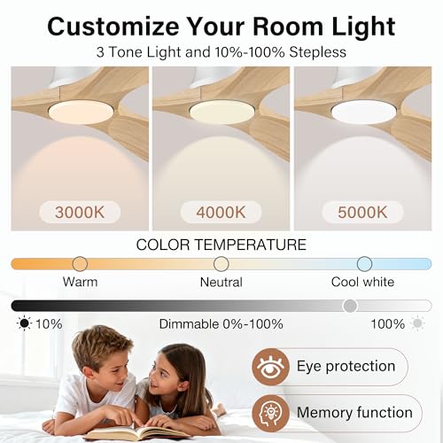 52Inch Wood Flush Mount Ceiling Fans with Lights Remote (Light Wood& White)