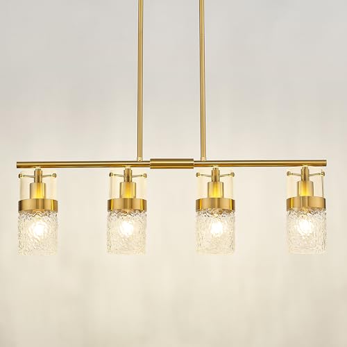 4 Light Brushed Gold Island Chandelier Lights for Kitchen (Gold -Hammered Glass / 3.5" Hammered Glass, 4-Light)