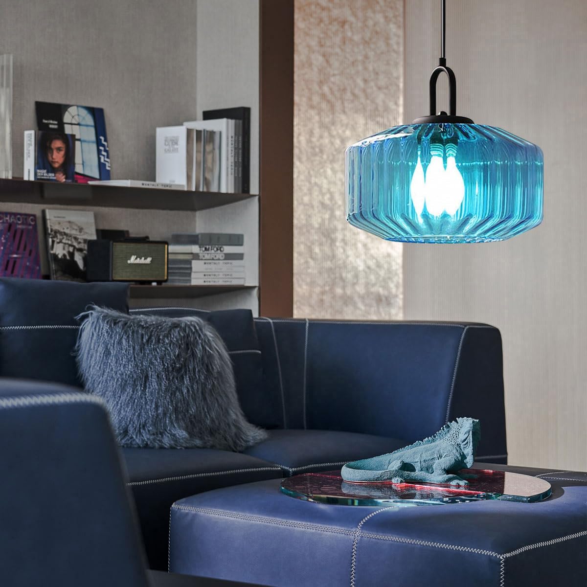 Glass Pendant Light Fixture Vintage Modern Pendant Lights with Blue Hand Blown Glass Shade Mid Century Black Adjustable Cord Ceiling Hanging Lighting for Dining Room Kitchen Island (Blue)