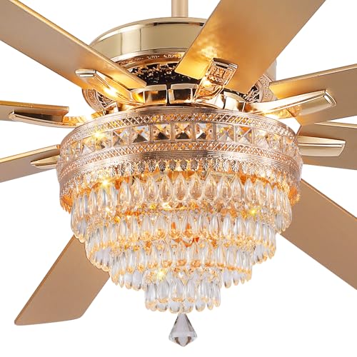 72"Large Golden Crystal Chandelier Ceiling Fans with Lights and Remote (Gold-72IN)