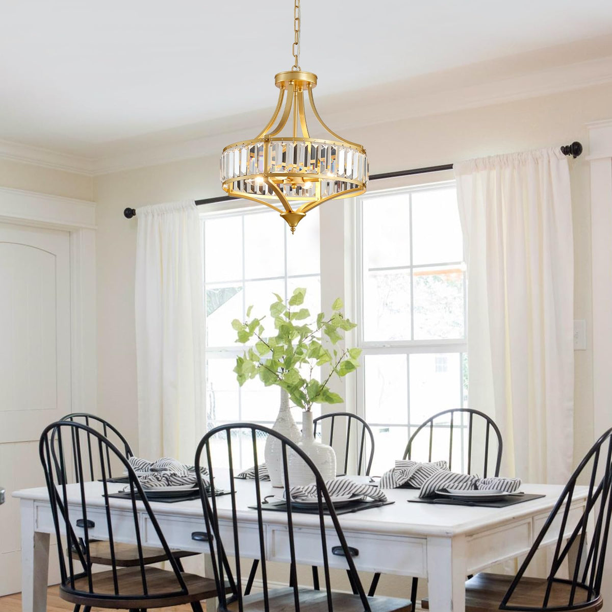 Gold Chandeliers for Dining Room Modern Round Crystal 4 Lights Rustic Pendant Lighting Fixture with Metal Lampshade for Living Room Hallway Bedroom Foyer (15.7" Gold)