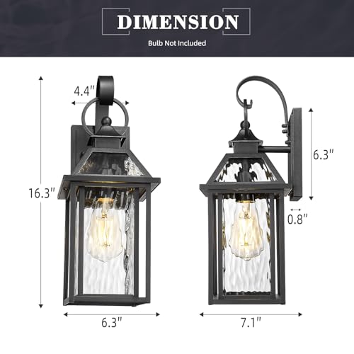 Exterior Wall Porch Light (Black - Water Ripple Glass / 16.3 Inch - No Function)