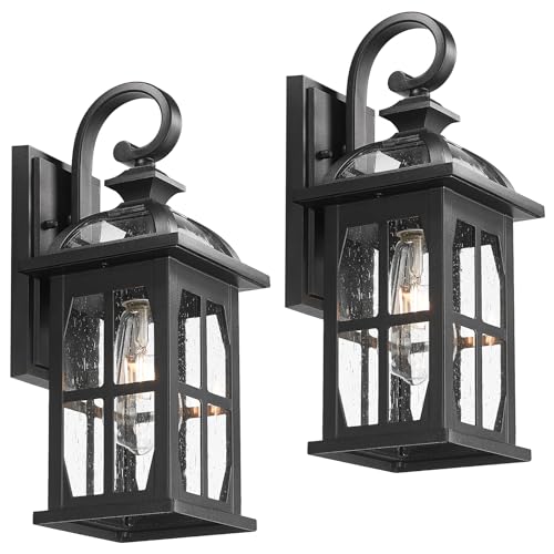 Outdoor Wall Lights (Black-Seeded Glass / Medium-2 Pack)