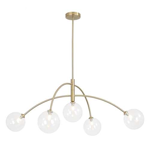 5 Light Modern Brass Chandelier Fixture White Clear Globe Glass Shade Pendant Light Gold Kitchen Ceiling Large Chandelier for Dining Room Kitchen Bedroom (Gold-Clear)