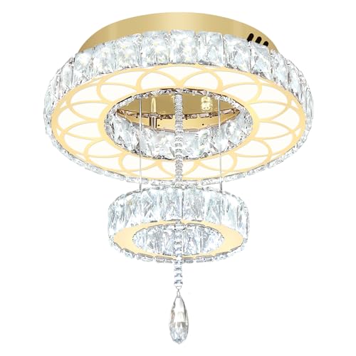 Dia 16inch Modern Gold Crystal Chandeliers Crystal Ring Chandelier for Hallway Bedroom Living Room Dining Room Dimmable LED Crystal Ceiling Light (Gold / W:16inches)