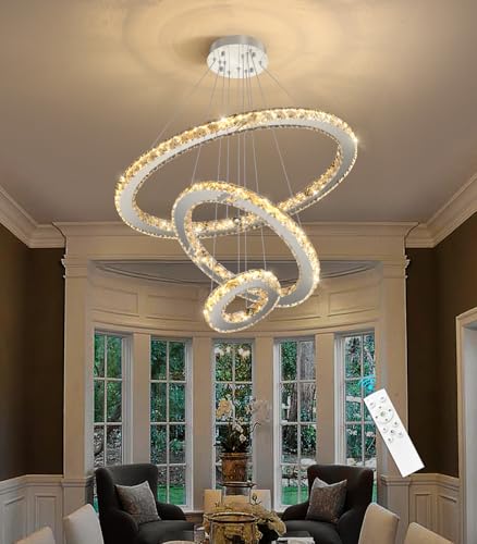 Modern Crystal Chandelier Dimmable LED Ceiling Light Fixture 3 Ring Adjustable Stainless Steel Chandeliers for Dining Room Living Room Bedroom Silver (Silver / 3-Ring 24")