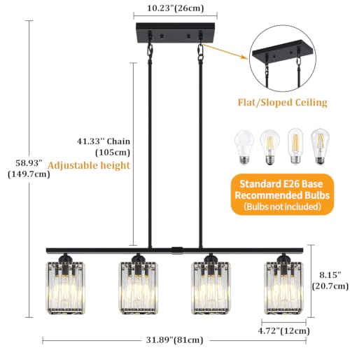 4 Light Black Kitchen Island Lighting Square Crystal Linear Chandelier (4-Light Black)