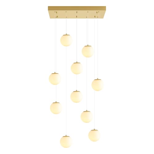 10 Lights Globe Chandelier Gold Pendant Lighting Fixture Hanging Ceiling Light for Dining Room (Gold-White / Rectangle 10-Light)