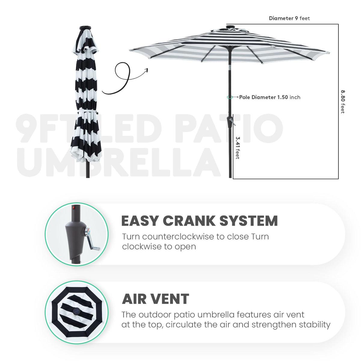 9' Patio Umbrella with Solar Lights (9 ft / Black & White Stripe)