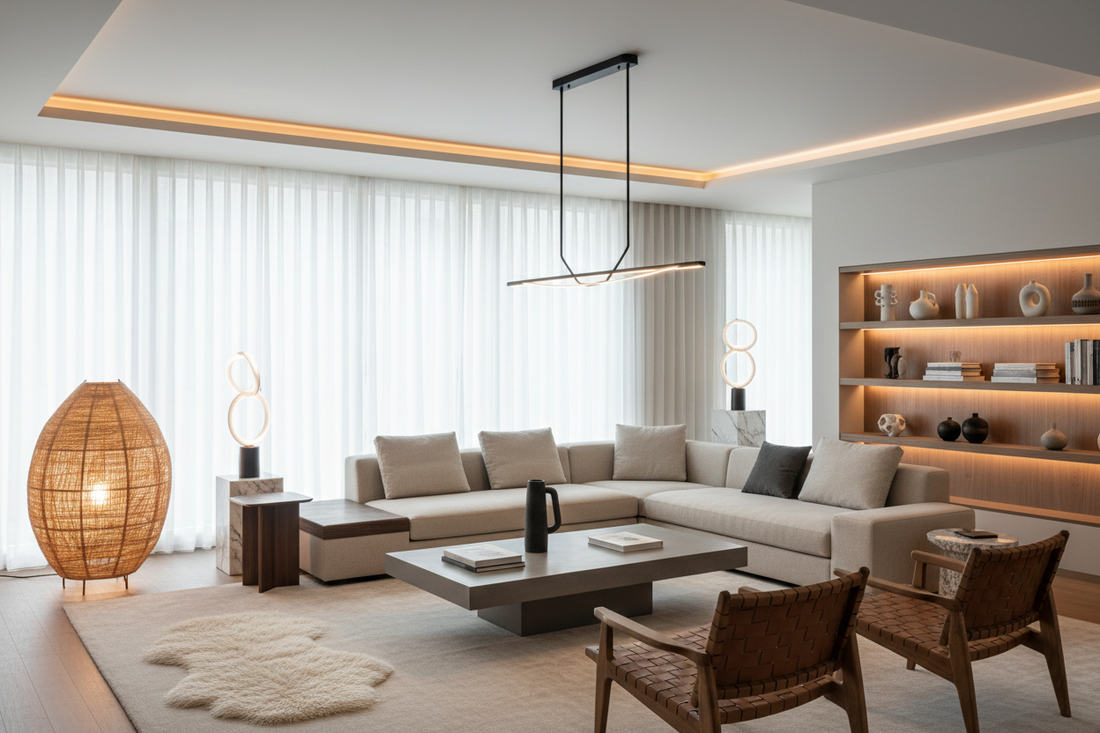 Modern living room showcasing 2026 lighting trends with minimalist pendant lights, natural material lamps, and artistic lighting fixtures