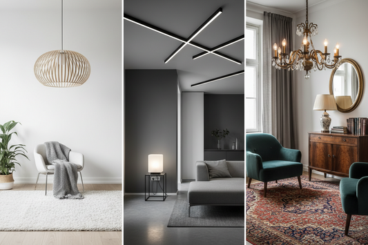 Interior style lighting guide showing Scandinavian rattan pendant, modern minimalist recessed lights, and vintage Edison bulb fixtures side by side
